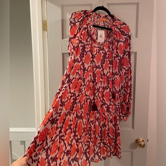 Euc oliphant balloon  sleeve coral python tassle dress size large - Picture 10 of 14